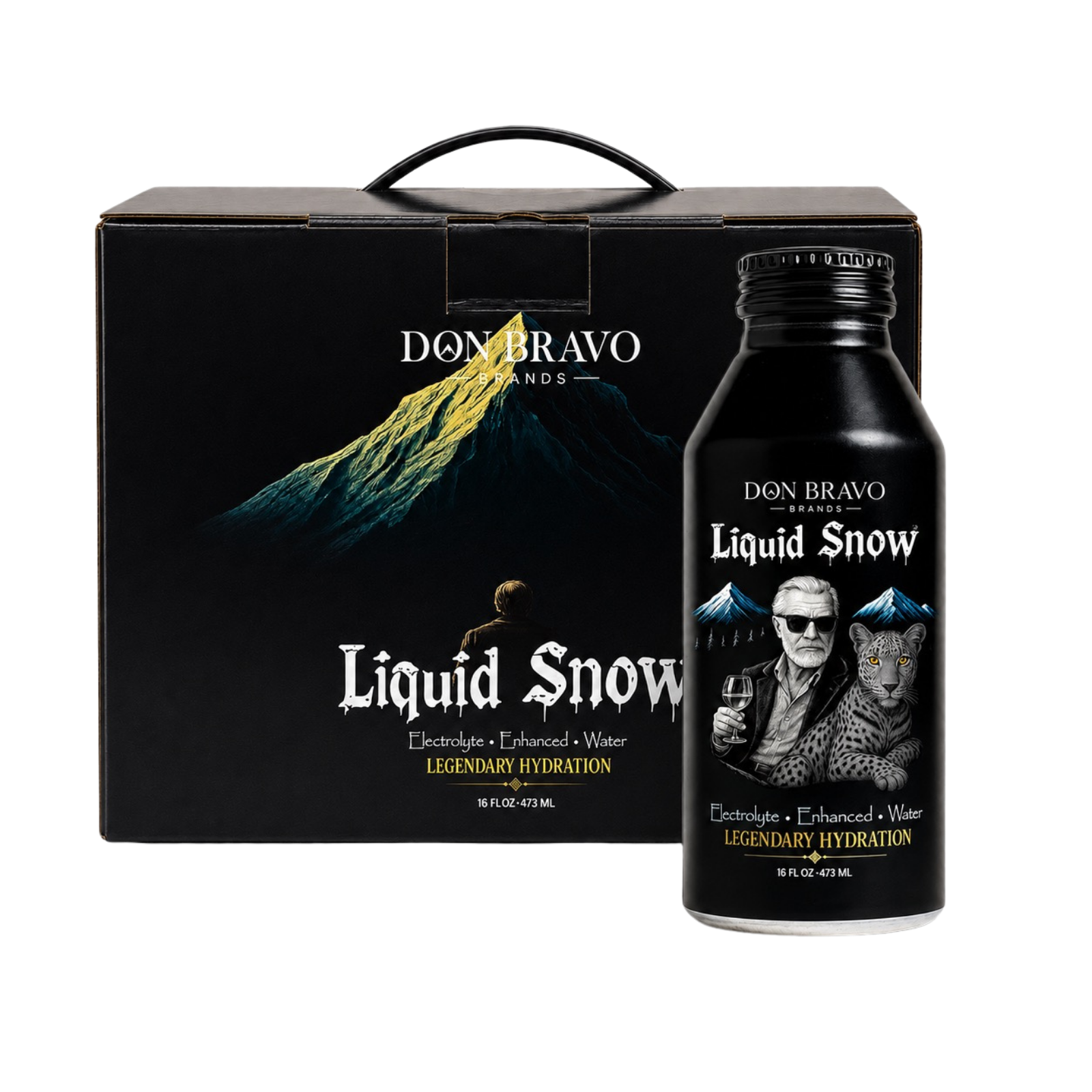 Liquid Snow six-bottle case and bottle