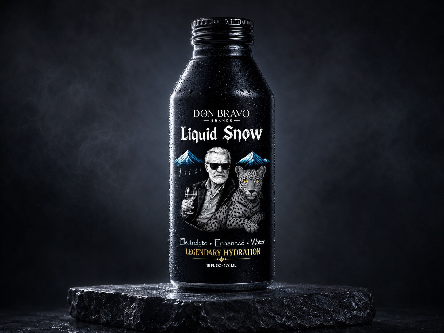 Liquid Snow bottle displayed on a dark stone pedestal