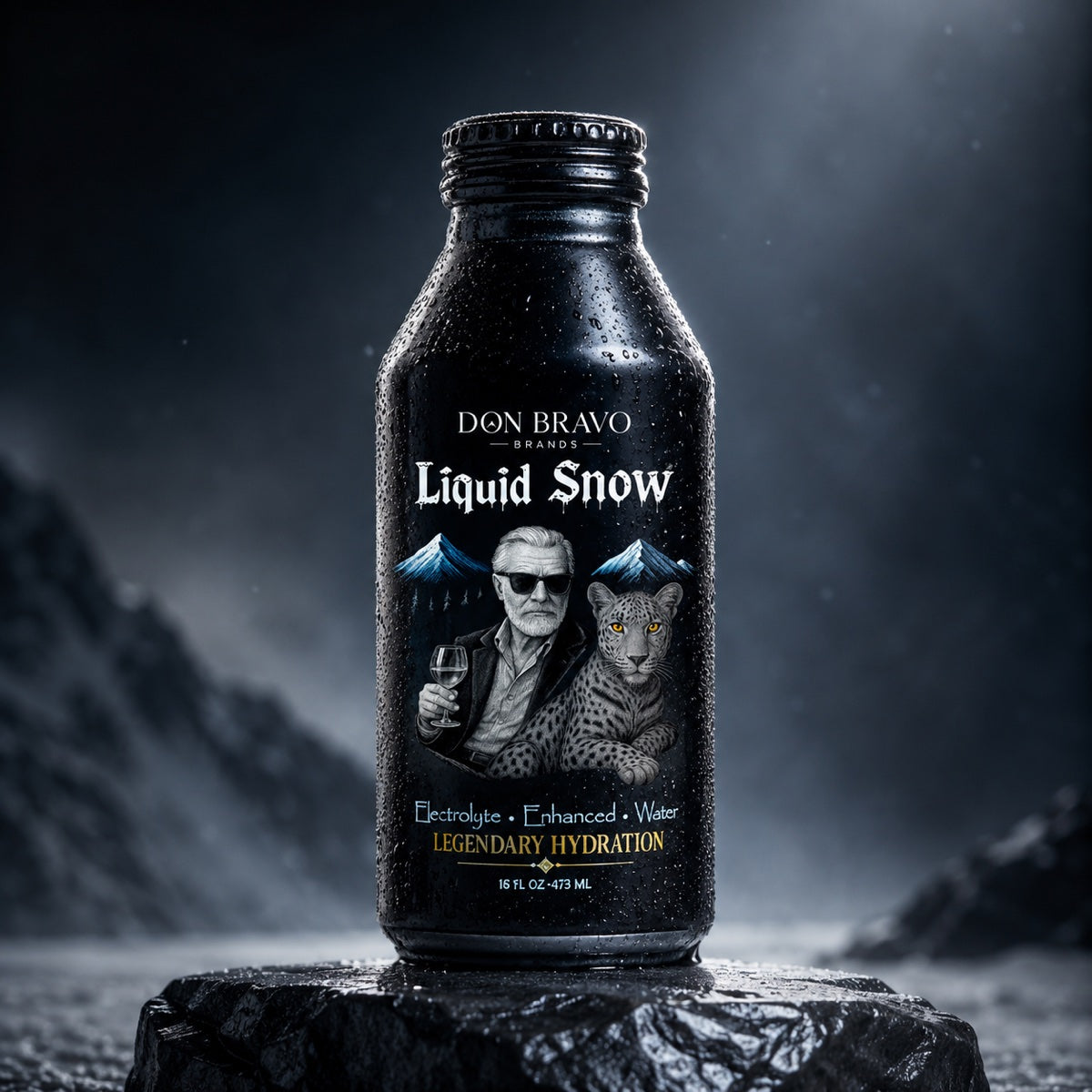 Liquid Snow bottle on a stone pedestal in a mountain setting